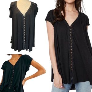 Free People Black Highland Oversized Linen Blend Top